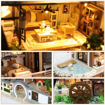 Miniaturni Dvorišče Lutke Pohištvo Kompleti DIY Lesene Lutke Hiša LED Luči Puzzle Igrača za Otroke Božič, Rojstni dan Darila