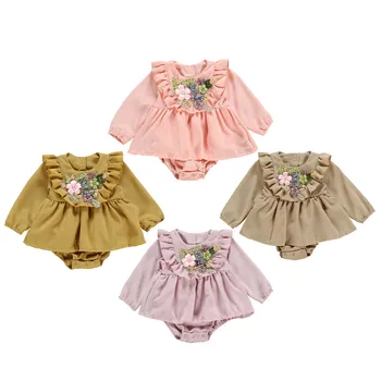 Moda Newborn Baby Dekleta Ruffle Igralne Obleke Z Dolgimi Rokavi Skirted Cvet Natisnjeni Jumpsuit Playsuits Obleko Pomlad Jesen Oblačila