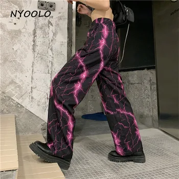 NYOOLO Priložnostne ulične visoke pasu Strele vzorec hip hop Širok Noge Hlače ženske Harajuku svoboden elastični pas jogger hlače