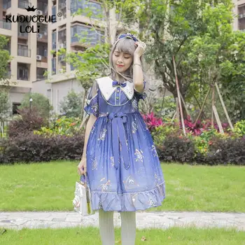 Japonski Slog Lolita OP Obleko Tea Party Bowknot Ruffles Kratek Rokav Star Vzorec Natisnjene Ženske Cosplay Stranka Maturantski Poletje