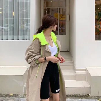 Jeseni Hooded Jarek Plašč Za Ženske Do Leta 2020 Korejski Oversize Ženske Kaki Dolgi Ženski Mozaik Elegantna Windbreaker Padec Outwear