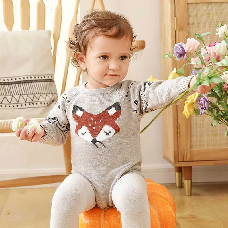 Baby Bodysuits Jeseni Fox Pletene Novorojenčka Fantje Dekleta Jumpsuits Telo Obleke Z Dolgimi Rokavi Malčka Fant Obleke Pozimi Kostumi Za Dojenčke