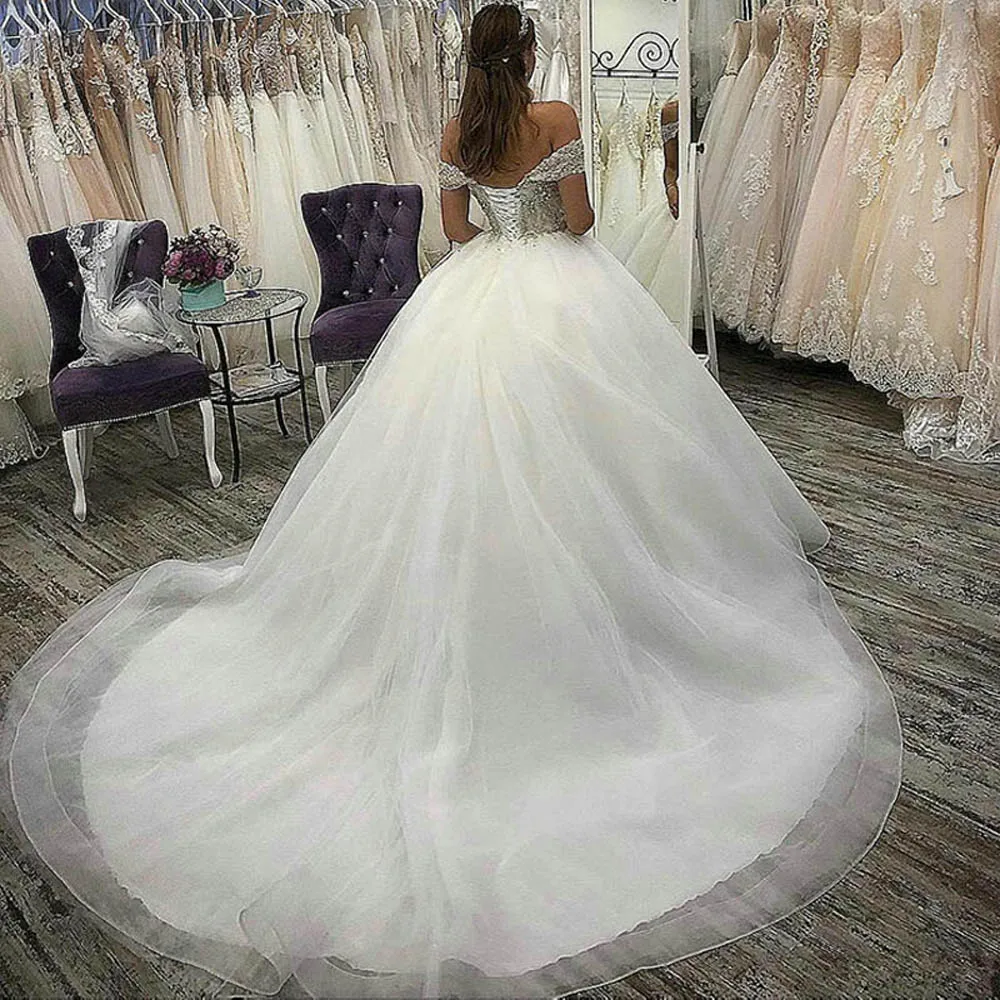 Poročna Obleka 2020 Plus Velikost vestidos de noiva za Ženske Crystal Princesa Obleke Off Ramo brez Rokavov Nevesta Žogo Halje