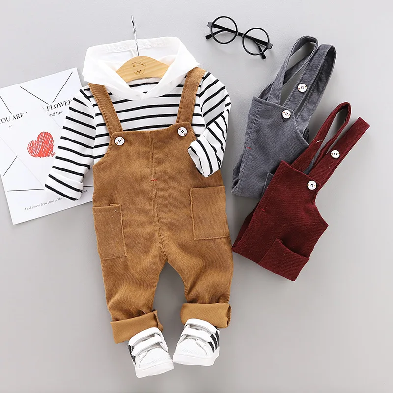 Newborn Baby Oblačila, ki Otroke Kombinezon Priložnostne Fant Dekle Moda Hooded Striped Majica+hlače z oprsnikom Hlače, Obleke, Otroška Oblačila, Nastavite