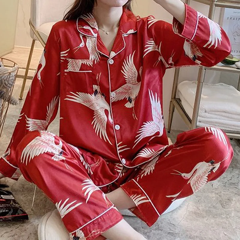 2020 Ženske, Homewear Oeak Dolg Rokav Pižamo Jeseni Ledu Svile Dolg Rokav Risanka Tiskanja Hlače Obleko Tiskanje Moda