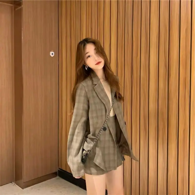 Vari OL Urad Obleko Določa Ženske Plus Velikost korejski Elegantna Pomlad Jesen Dolg Rokav Obleko, Jakno In Coats Mini Kariran Krilo 2020