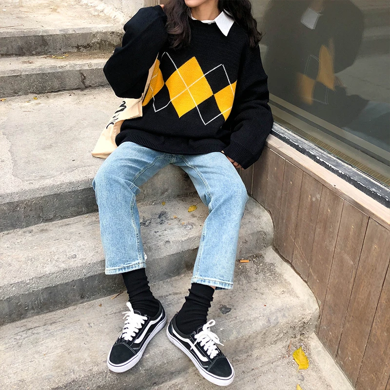 3 barve 2018 jeseni in pozimi korejskem slogu, o vratu, ohlapno Argyle tople pletene puloverje ženska puloverji ženska (X998)
