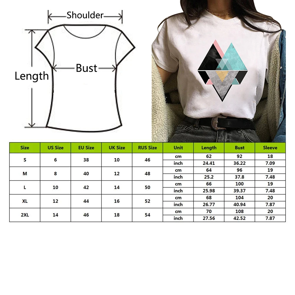 2020 Poletje Ženske T-shirt Geometrijo Natisnjeni Tshirts Priložnostne Vrhovi Tee Harajuku 90. letih Vintage Bela tshirt Ženske Oblačila
