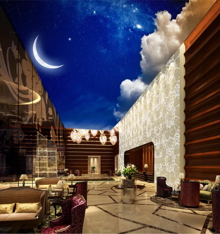 Foto Ozadje Strop Zidana Stena Papirjev Doma Dekor 3D Fantasy Nočno Nebo Luna Oblak Stropna Freska