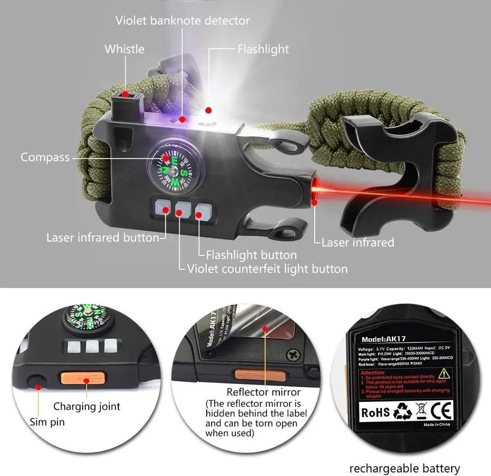 Preživetje Manšeta za ponovno Polnjenje Taktično Sili Potovalni Komplet Z Laserskimi Ir SOS LED Svetilka UV Lučka Kompas Piščalka