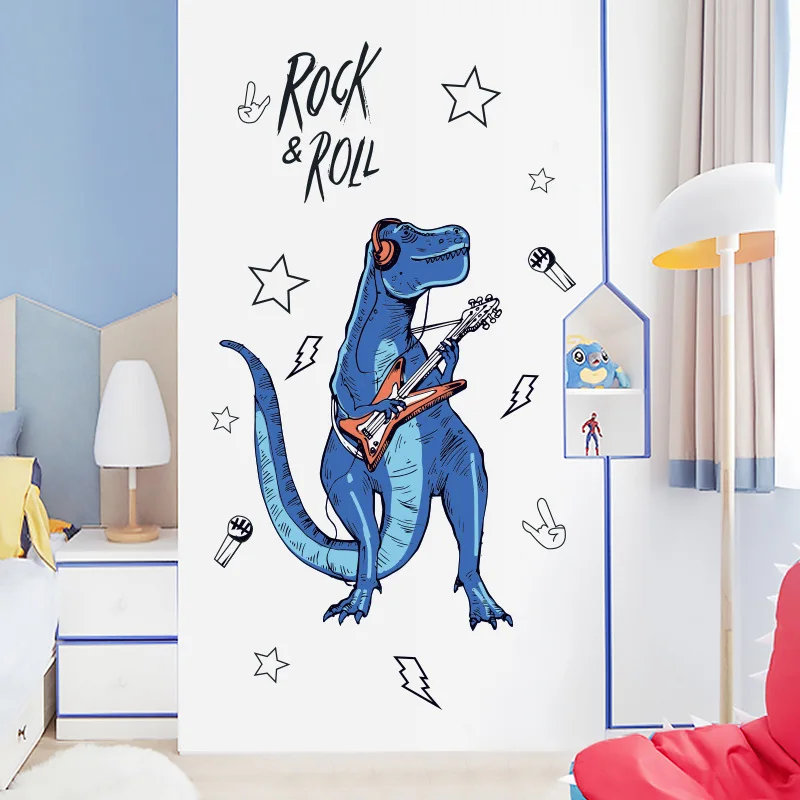 Rock Roll Dinozaver Stenske Nalepke za Otroke, Soba Risanka Živali Home Decor Art Viny PVC Ozadje Ustvarjalne Vrata Hladilnika Dekoracijo