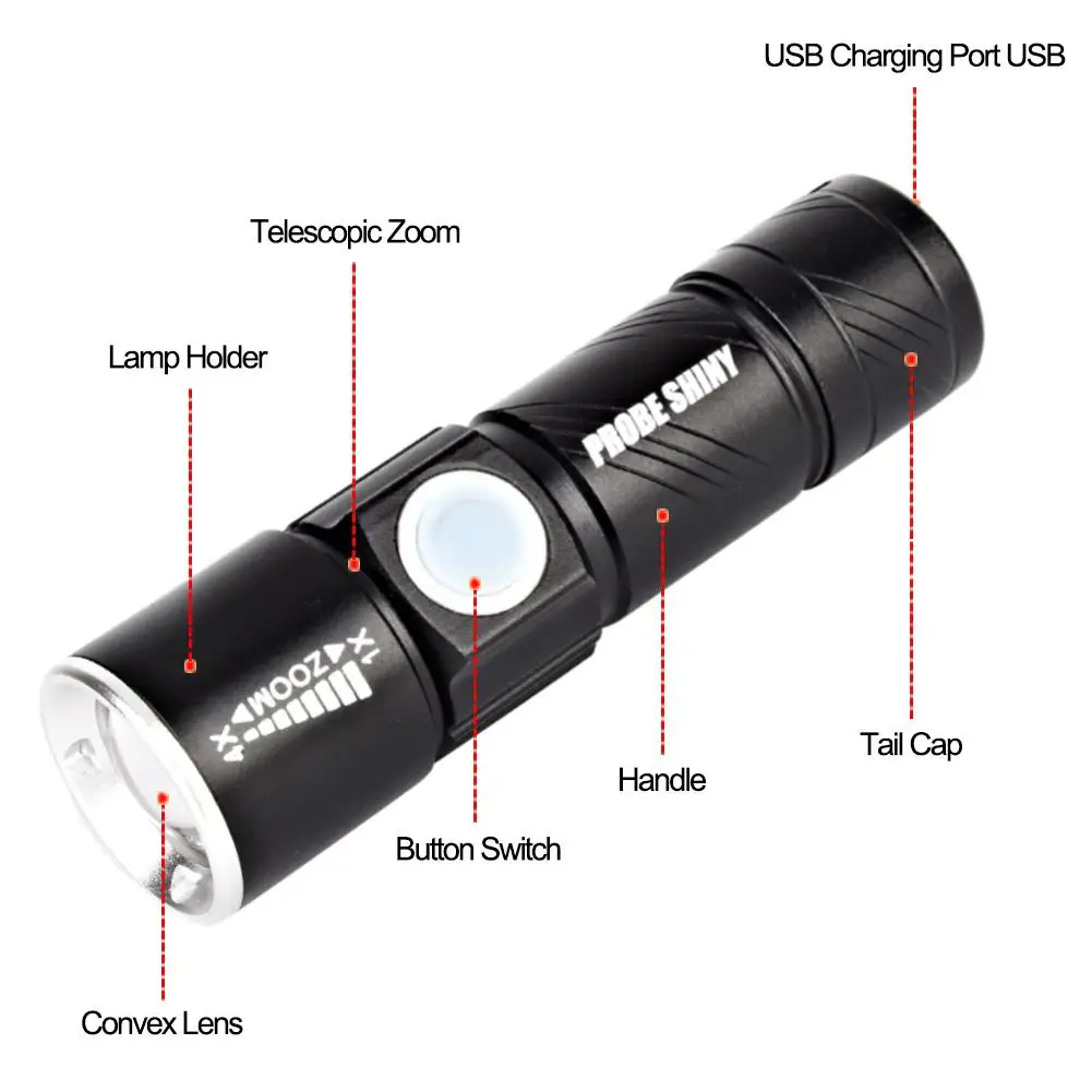 USB Priročno Močna LED Svetilka za Polnjenje baterijska Svetilka usb Flash Svetlobe Kolo Žep LED Zoomable Lučka Za Lov na Črno