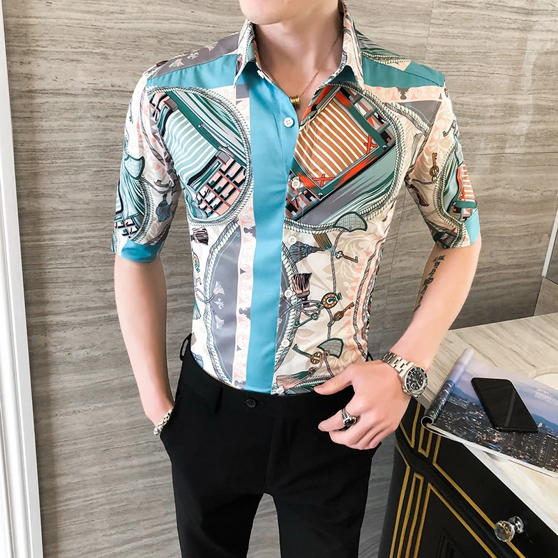 Korejski Poletje Print Majica Moški Modni 2020 Polovica Rokavi Moški Priložnostne Majice Slim Fit Vse Tekme Stranka/Maturantski Jopičem Obleko, Bluzo Moški