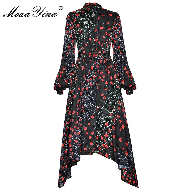 MoaaYina Modni Oblikovalec obleko Jeseni Ženske Obleka Luč Rokav Cvjetnim Tiskanja Vintage Obleke Asimetrični