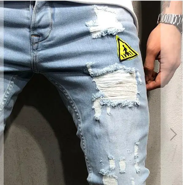 Moda Nov Moški luknjo značko vezenje traper hlače hlače za Moške ulične hiphop suh Casual Kavbojke Obliž