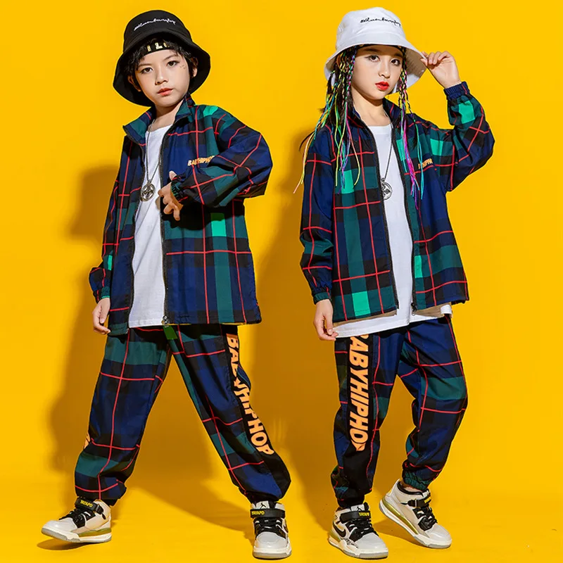 Otroci in Modnih Hip Hop Oblačila Prevelik Rokavi Top Karirasti Ulične Hlače za Dekleta Boy Jazz Ples Kostum Set Oblačila