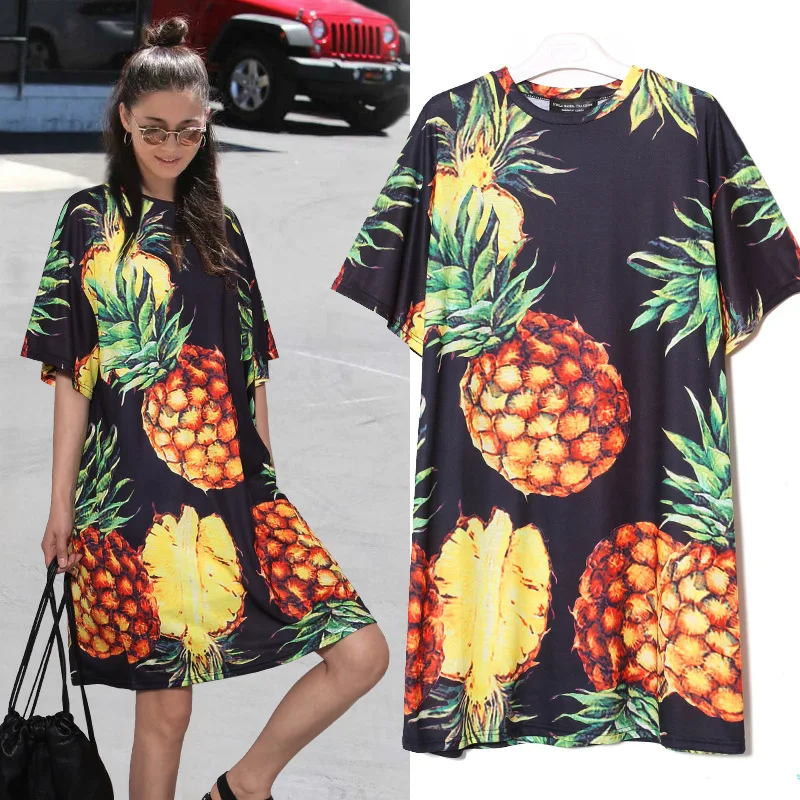 Priljubljena priložnostne ženske noše v letu 2020 poletne počitnice tiskanje kratek rokav svoboden T-shirt obleko modne ananas vrh