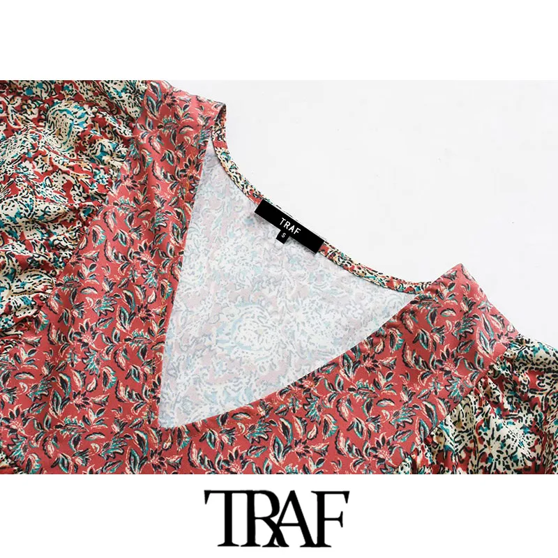 TRAF Ženske Elegantna Moda za Tiskanje Mozaik Midi Obleko Letnik V Vratu tričetrt Rokavi Ženske Obleke Vestidos Mujer