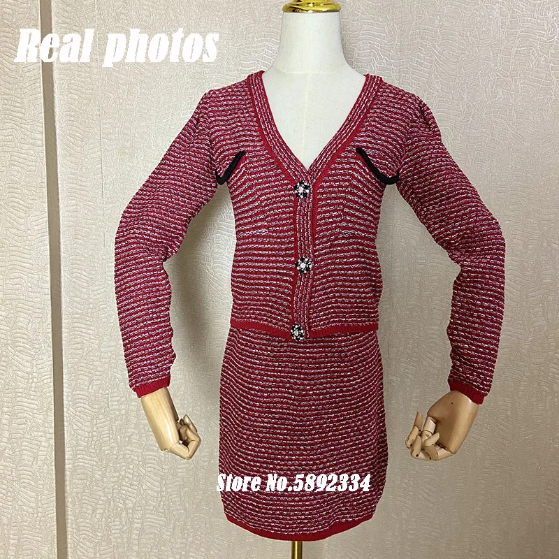 2021 Novo Pomlad Rdeče letnik Dva kosa določa ženske jeseni pulover jopico + mini krilo obleke pletenje oblačil elegantno 2pcs TZ710