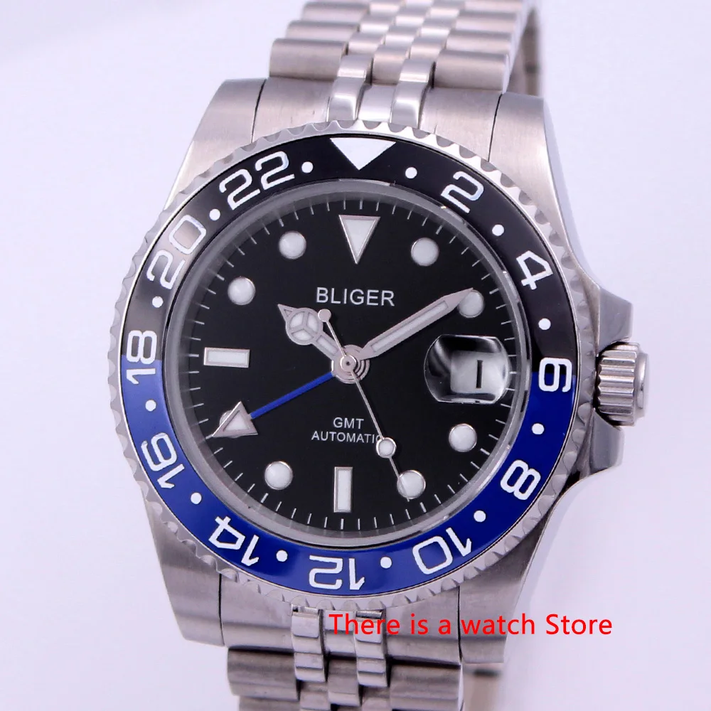 Bliger 40 mm Avtomatski Mehanski Mens Watch Luksuzni Sapphire Kristalno Keramične Plošče GMT Watch Svetlobna Nepremočljiva ročno uro Moški