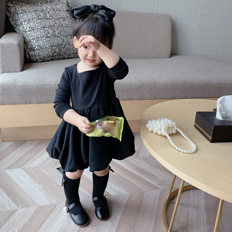 Dekleta Obleko Jeseni, Pozimi Korejskem Slogu Baby Otroci Obleko Kvadratnih Vratu Black Stranka Obleko Srčkan Otrok Oblačila Princesa Obleko