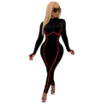 Črtasto Mozaik Activewear Športni Igralne Obleke Ženske Sexy Black Turtleneck Dolg Rokav Suh Jumpsuit Ulica Slog Stranka Bodysuits