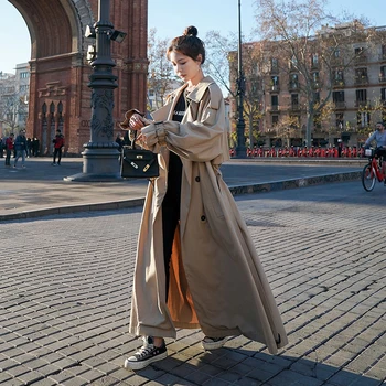Korejski Slog Svoboden Prevelik X-Dolgo Žensk Jarek Plašč Dvojno Zapenjanje Obavijen Lady Plašč Windbreaker Pomlad Jesen Vrhnja oblačila Siva