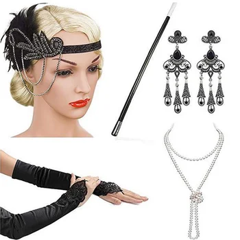 2021 Novo podobo Žensk cosplay trakovi ogrlica rokavice uhan nastavite zaklopnica kostum 1920 Veliki GATSBY Halloween Dodatki