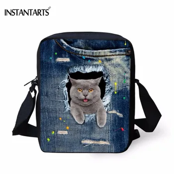 INSTANTARTS Kawaii 3D Denim Mačka Tiskanja Žensk Mini Messenger Bag Modne Dame Potovanje Torba Znamke Oblikovalec Cross Body Vrečke