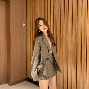 Vari OL Urad Obleko Določa Ženske Plus Velikost korejski Elegantna Pomlad Jesen Dolg Rokav Obleko, Jakno In Coats Mini Kariran Krilo 2020