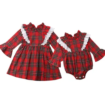 Božič Newborn Baby Otroci Dekliška Oblačila Rdeče Kariran Sestrico Romper Velika Sestra Xmas Obleko Kostume Jeseni Nova