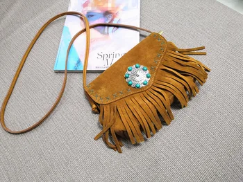 Ženski Pravega Usnja Bohemian Gypsy Torbici 2020 Moda Naravnih Antilop Robu Plemenski Boho Chic Majhne Messenger Bag za Ženske