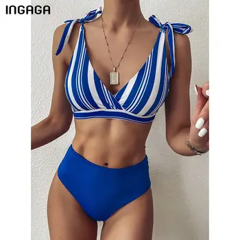 INGAGA Visoko Pasu Bikini Kopalke 2021 Kopalke Ženske Vrh Zaviti Biquini Plažo Trak Lok Kopalne Obleke Prugasta Bikini Komplet