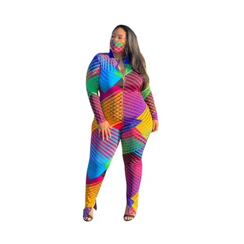 Plus Velikost Ena Kos Dolgimi Rokavi Jumpsuit 2020 Ženske Oblačila Geometrijske Print Multi-color Zadrgo Turtleneck Suh Dolgo Jumpsuit