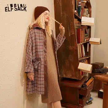 ELFSACK Houndstooth Britanski beloprsi Singl Naravnost Volne Plašči Žensk,do leta 2020 Jeseni Letnik korejski Priložnostne Ženske Warmness Outwear