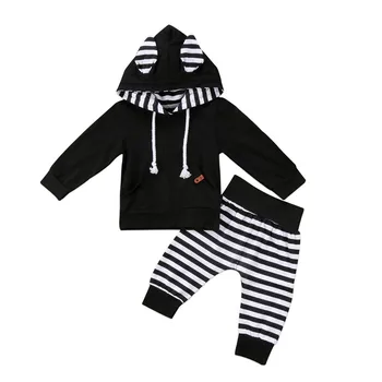 Novorojenček Otroci Malčka, Baby Boy, Girl Obleke Črn Pulover S Kapuco Plašč Vrhovi +Črtaste Hlače Oblačila, Ki