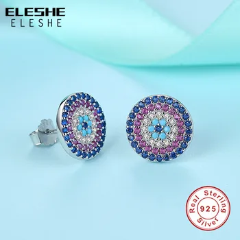ELESHE Modra Kristal Srečne Oči Stud Uhan za Ženske Multi-barvni Krog turški Zlo Oko Uhani 925 Sterling Srebrni Nakit