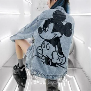 Disney Mickey Mouse Coats Priložnostne Prevelik Denim Jakna Ženske Risanka Grafiti Ohlapna Vrhnja Obleka Ženske Obleke Lady Jean Jakne