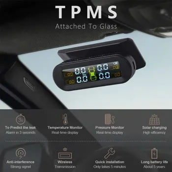 TPMS Sončne Avto Digitalni Tlaka v Pnevmatikah Alarmni Sistem Spremljanja Gauge Merilnik Prenosni Pametne Pnevmatike, tlačni Senzor TPMS Polnjenje prek kabla USB