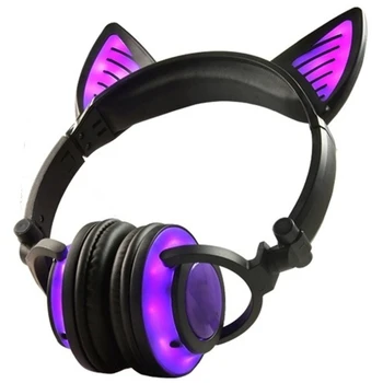 Brezžične Bluetooth Slušalke Zložljive Utripa Mačje Uho Otrok Slušalke Gaming Slušalke z LED Svetloba Vijolično