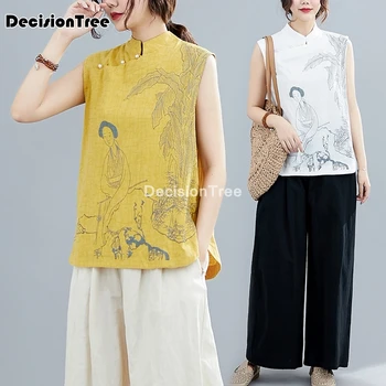 2021 tiskanje ženske perilo bluzo majica kitajski slog elegantna majica brez rokavov, ženske vrhovi stojalo ovratnik qipao cheongsam bluzo