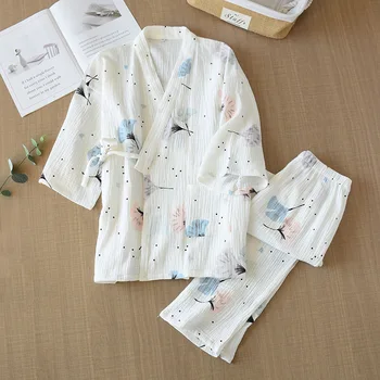 Pomlad in Poletje Čista Bombažna Preja Kimono Pižamo Proti-Vrat Tiskanje Plus Velikost Pijama Mujer Loungewear Ženske 2 Kos Sleepwear