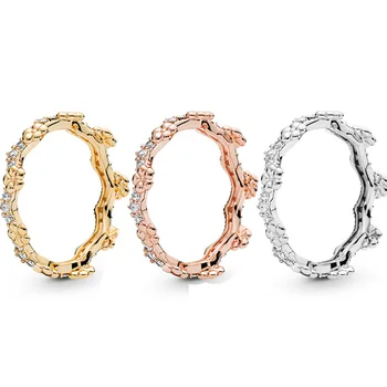 925 Sterling Srebro Rose Gold Ring Cvet Krono Obroči S Kristalno Za Ženske Svate Darilo Modni Nakit