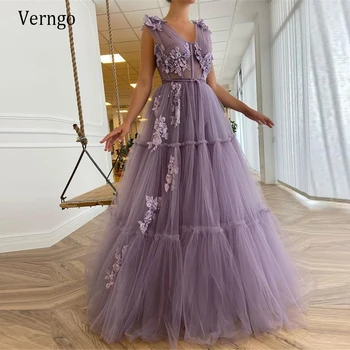 Verngo Elegantno Sivke Til Linijo Dolgo Prom Obleke 2021 Odklon V Vratu Opremljena Boning 3D Cvetje Dolžina Tal Večernih Oblek