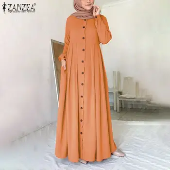 Ženske Muslimanskih Dubaj Abaya Turčija Hidžab Obleko ZANZEA Jeseni Dolg Rokav Gumbi Navzdol Sundress Islam Oblačila Abayas Maxi Vestidos