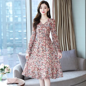 2021 Letnik Plus Velikost Dolg Rokav Obleke Jeseni, Pozimi Korejski Cvetlični Šifon Midi Obleka Ženske Elegantne Bodycon Stranka Vestidos