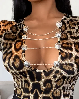 2020 Jesen Pomlad Ženske Modni Elegantno Seksi Cheetah Tiskanja Izrezanka Gumb Design Vrh Kvadratnih Vratu Verige Sponke Slim Fit