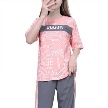 Moda za Ženske Priložnostne Določa Dve Delni Set Dolžine hlače z T-shirt poletje lady športno obleko Roza Žensk Progastih Hlač