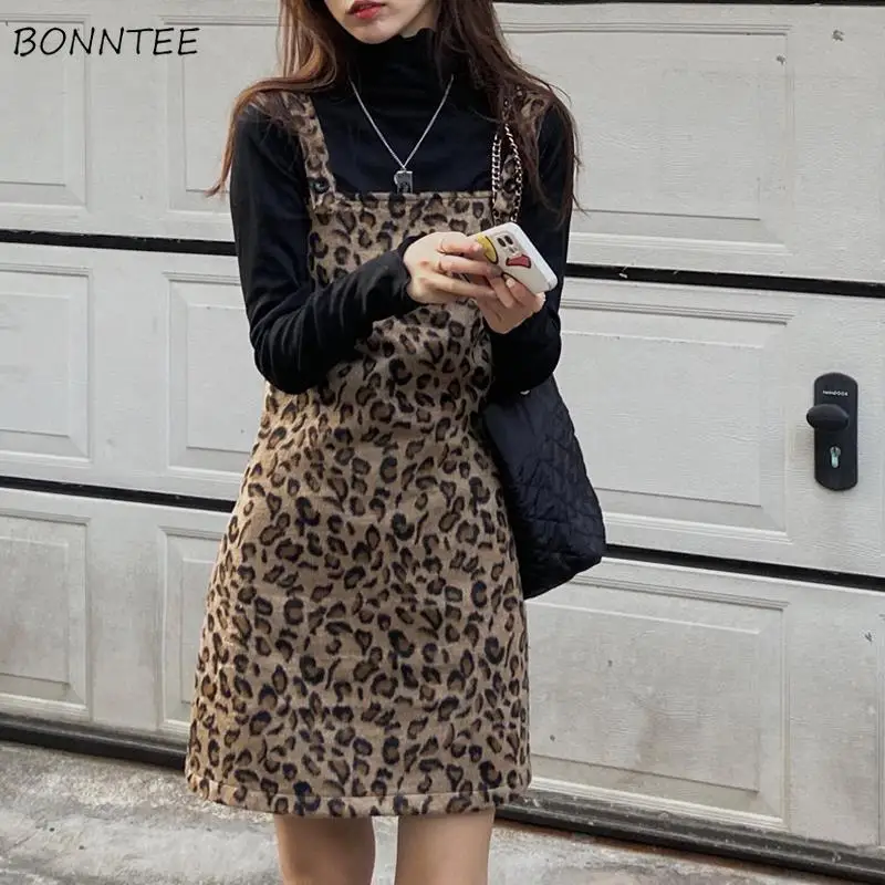 Ženske brez Rokavov Obleko Leopard Elegantno Vse-match Modo Svoboden Ženski Retro korejski Slog Preprost Mini Ulične vsak Dan Nove Ponudbe