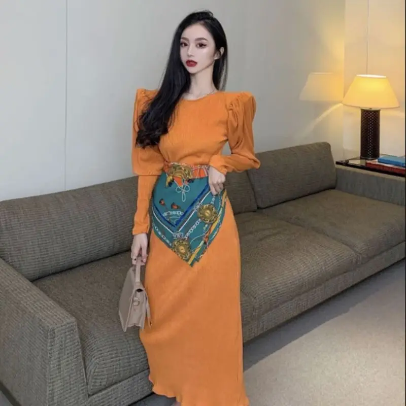 Vintage Oranžna japonska Obleka s Pasom tiskanja pozimi žamet Long-Line Split Pasu koren stil Oblačenja Žensk Vestidos povoj obleko